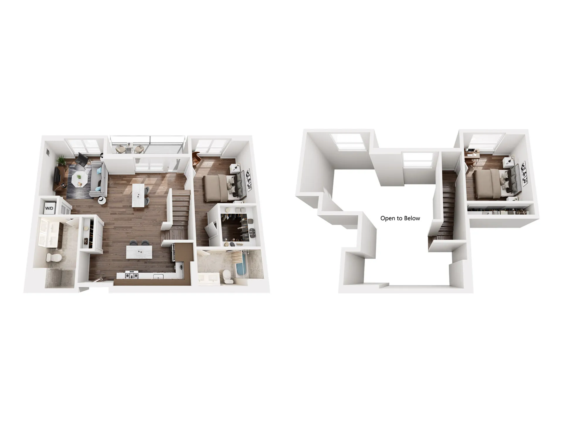 Contemporary 2-level floor plan showcasing open living space, stylish kitchen, 2 spacious bedrooms, and a unique upstairs area with an overlook.
