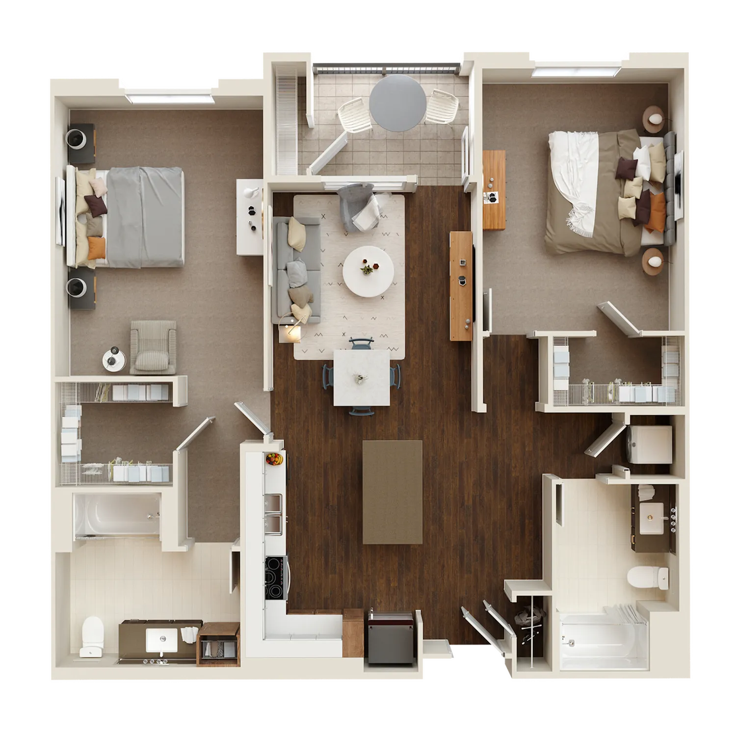 Modern 2D floor plan highlighting two spacious bedrooms, an open living area, stylish kitchen, and private balcony.