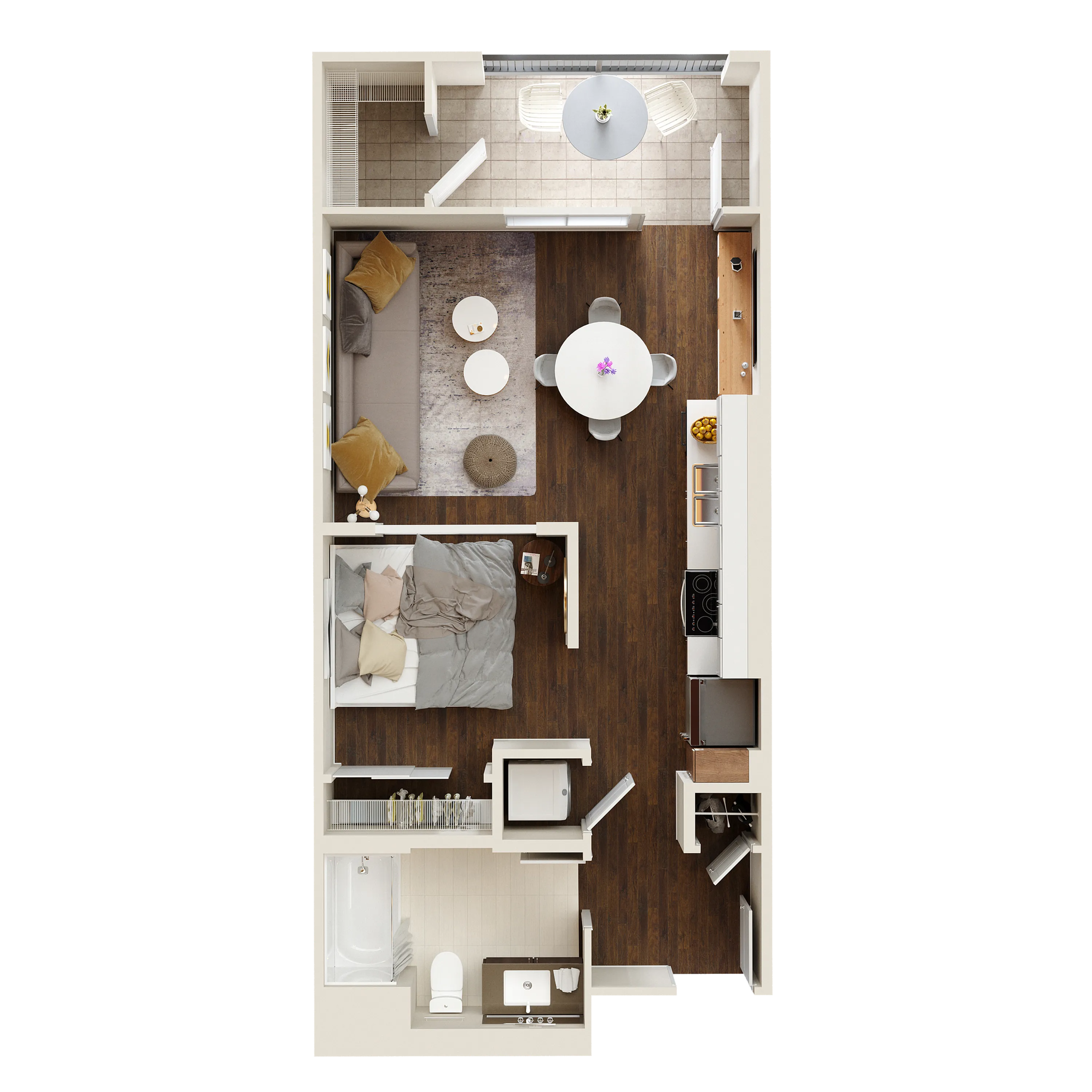 Chic and modern floor plan featuring one bedroom, a cozy living area, well-appointed kitchen, bathroom, and a private balcony space.