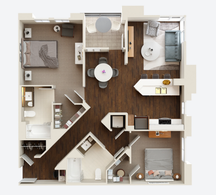 Modern open-concept 2D floor plan showcasing 2 bedrooms, stylish living area, and sleek kitchen with island, designed for comfort and efficiency.