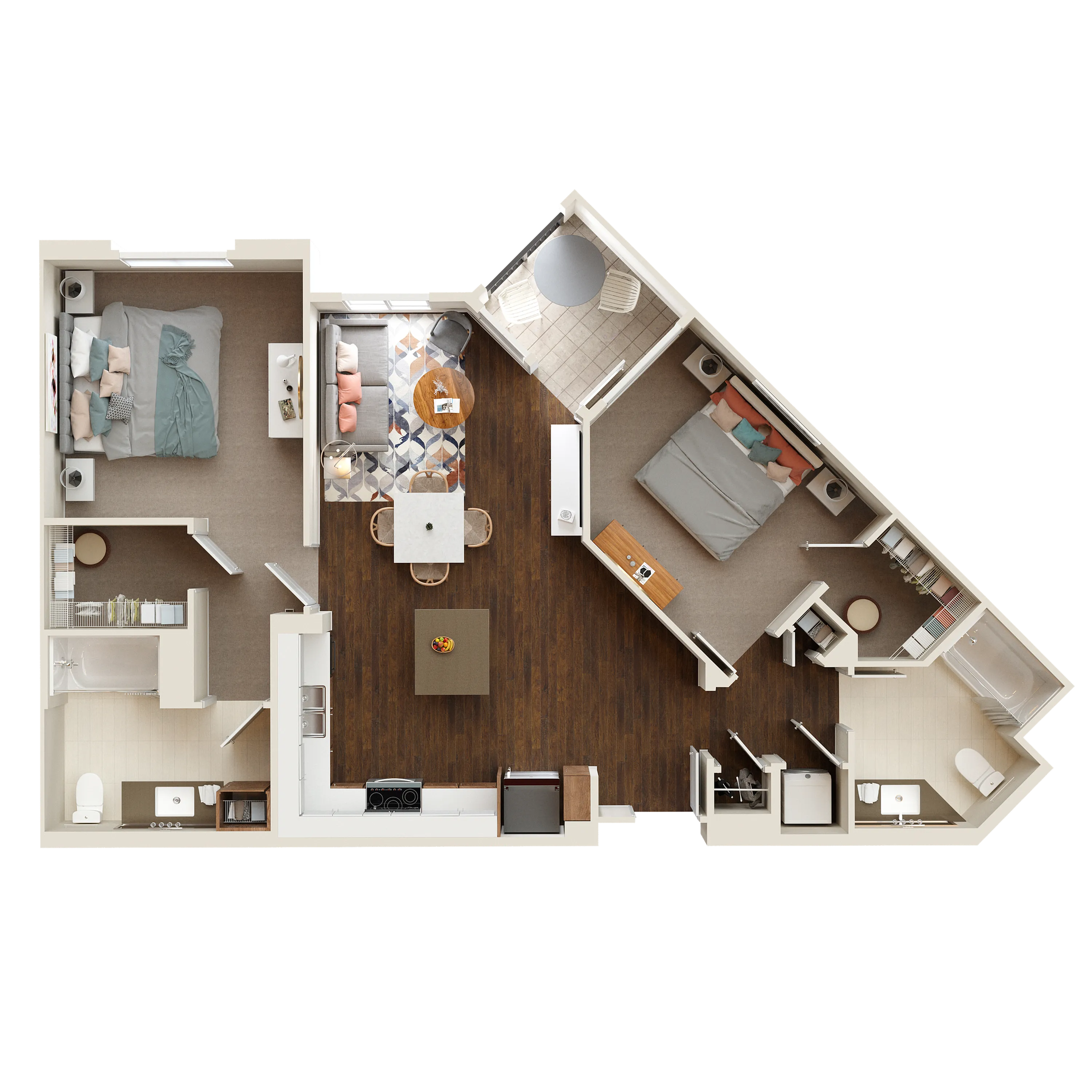 Contemporary floor plan showcasing two cozy bedrooms, stylish living area, modern kitchen, and two sleek bathrooms, ideal for comfortable living.