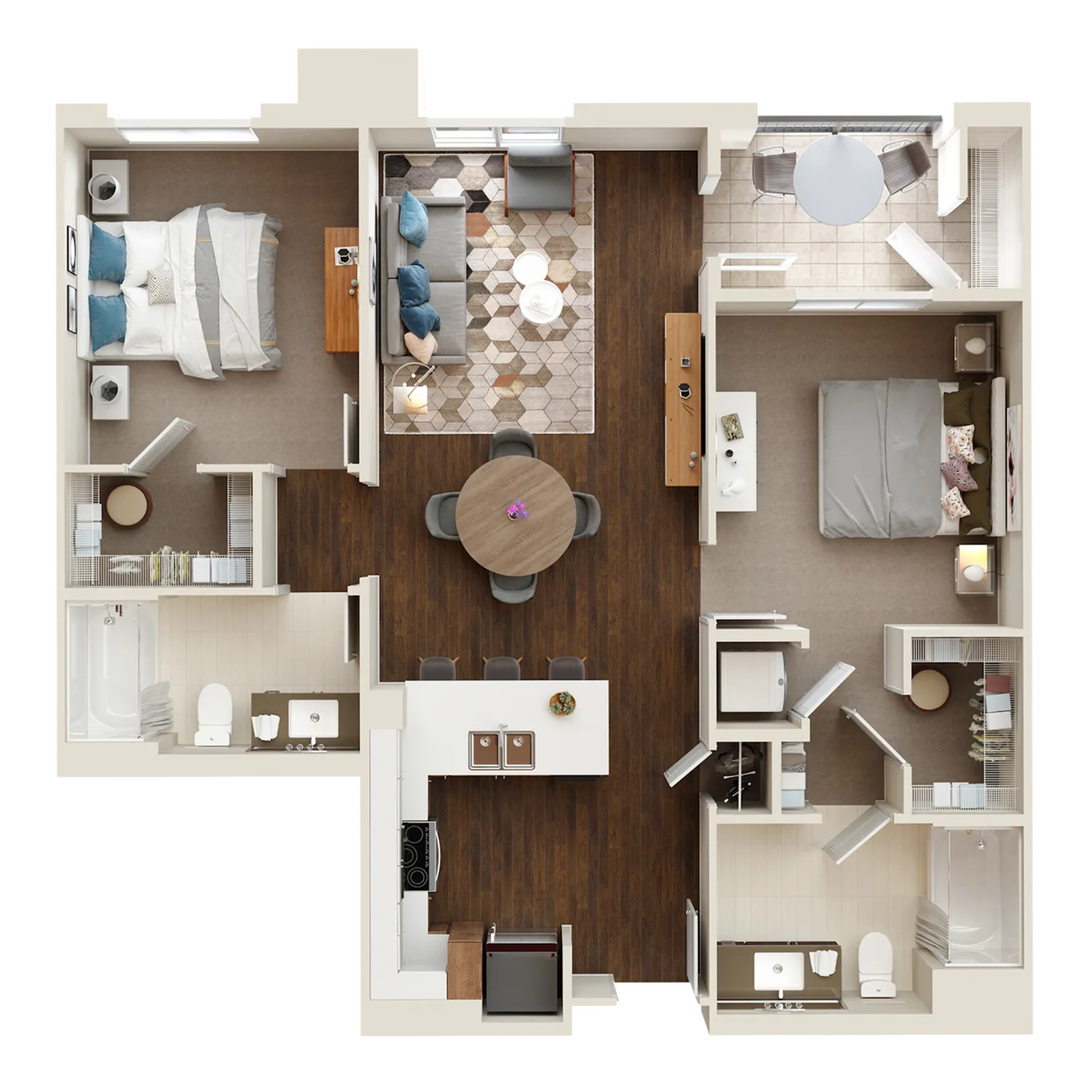Chic floor plan showcasing 2 bedrooms, a modern kitchen, open living and dining area, and two elegant bathrooms.
