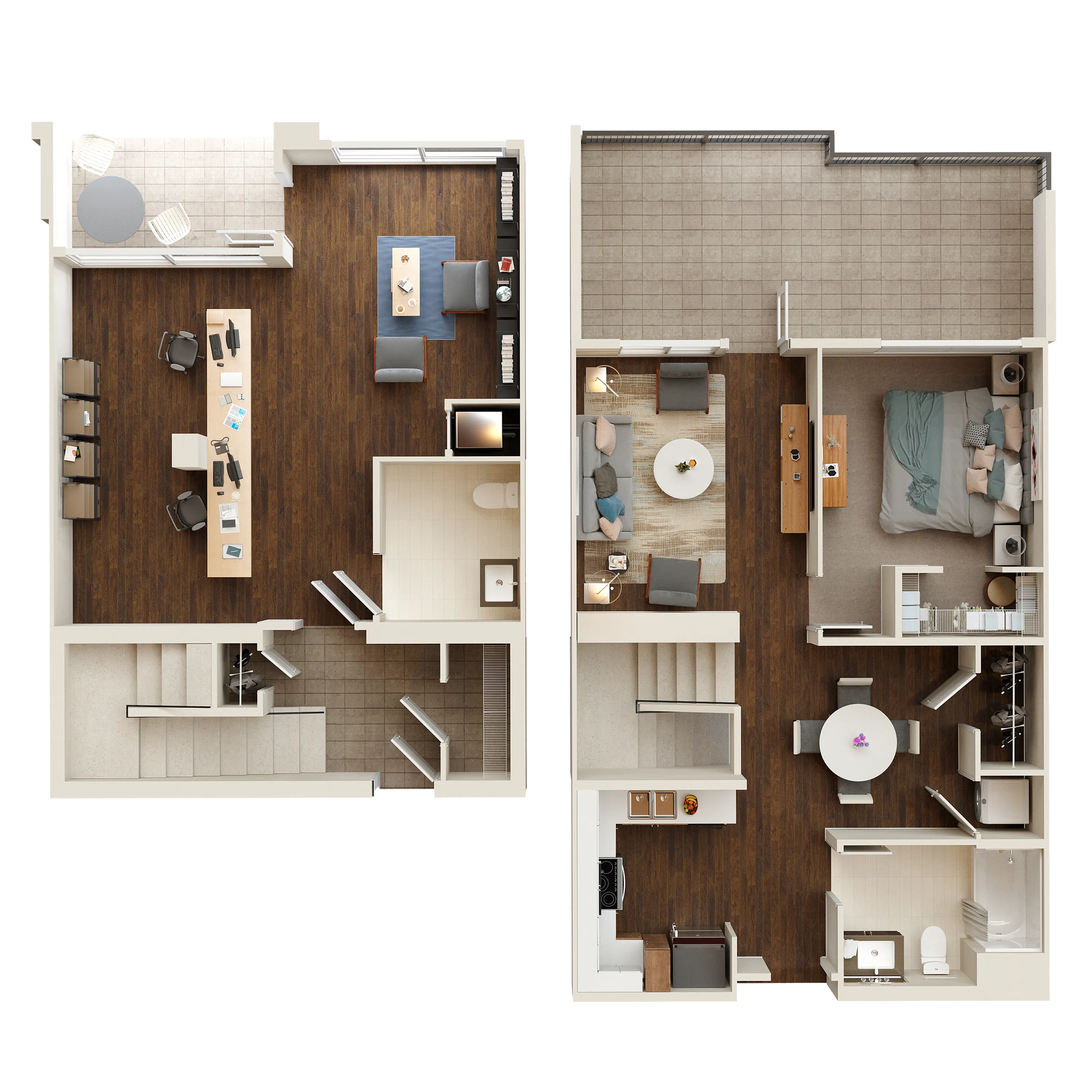 Modern bi-level floor plan featuring three bedrooms, spacious living room, home office, and cozy kitchen with dining area. Includes a stylish outdoor balcony ideal for relaxation.