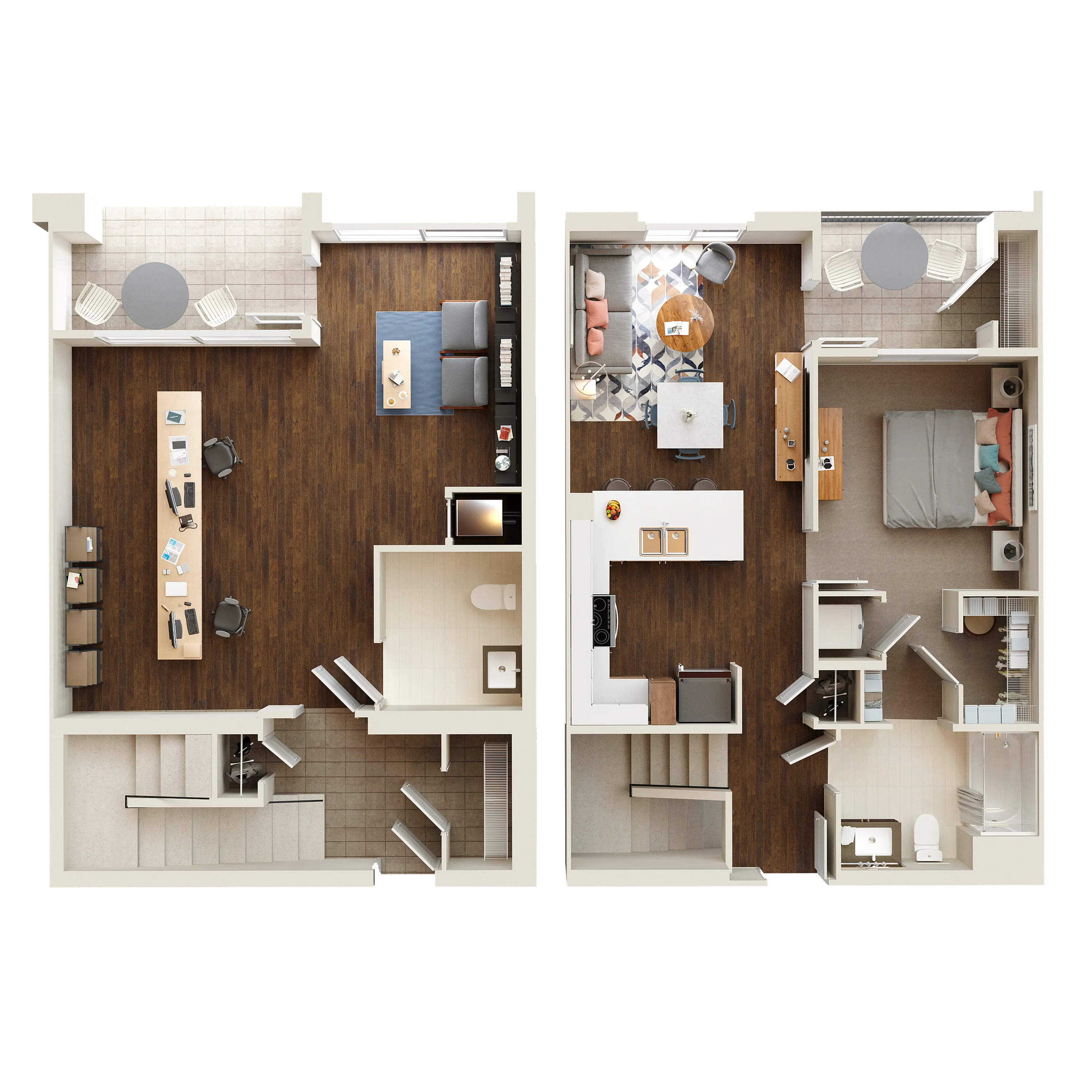 Modern duplex floor plan showcasing a spacious living area, stylish kitchen, and a cozy bedroom with balcony access.