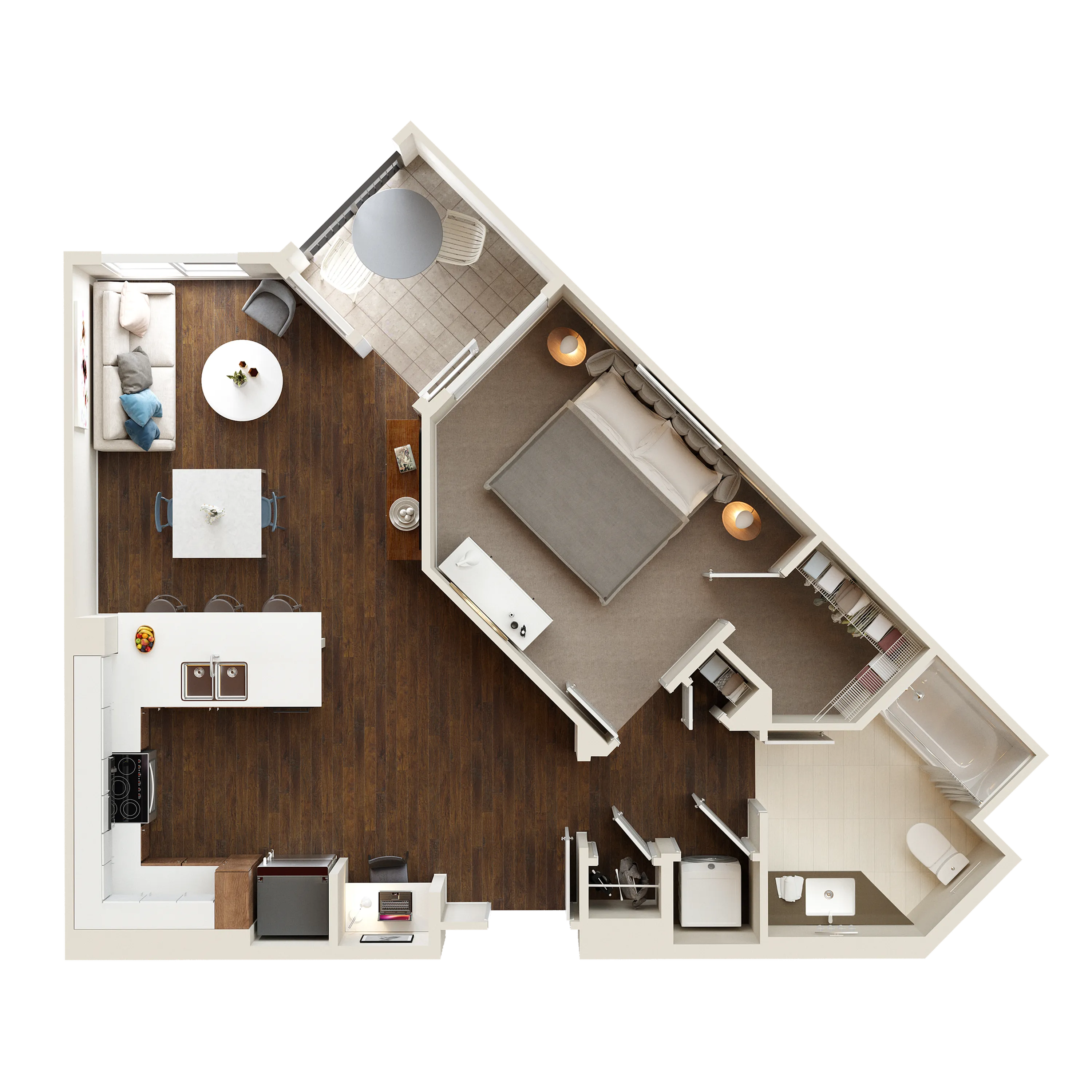 Modern apartment floor plan showcasing one bedroom, spacious living room, sleek kitchen, and inviting balcony.