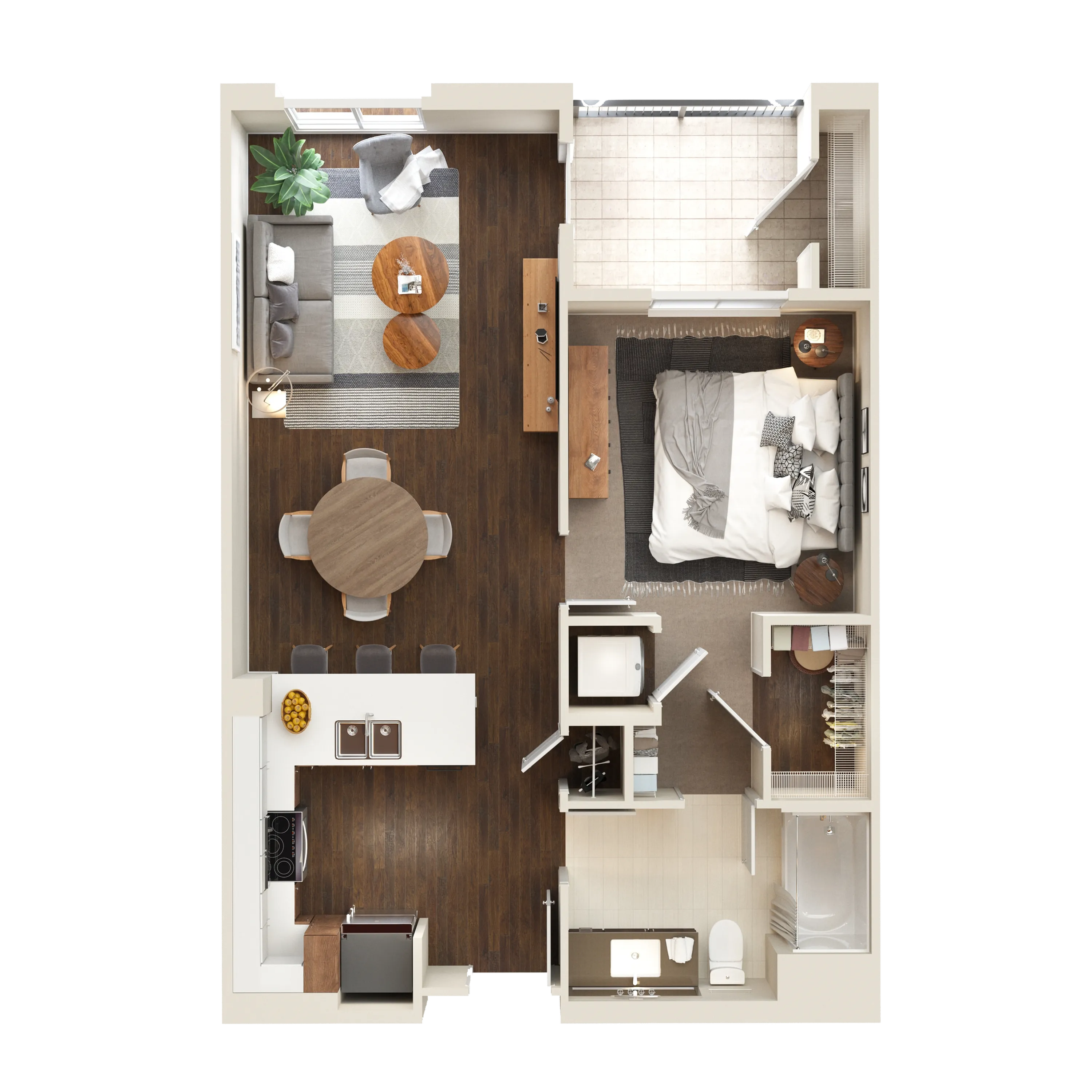 Modern 1 bedroom apartment floor plan showcasing an open-plan living area, elegant kitchen, and private balcony. Perfect for a contemporary lifestyle.