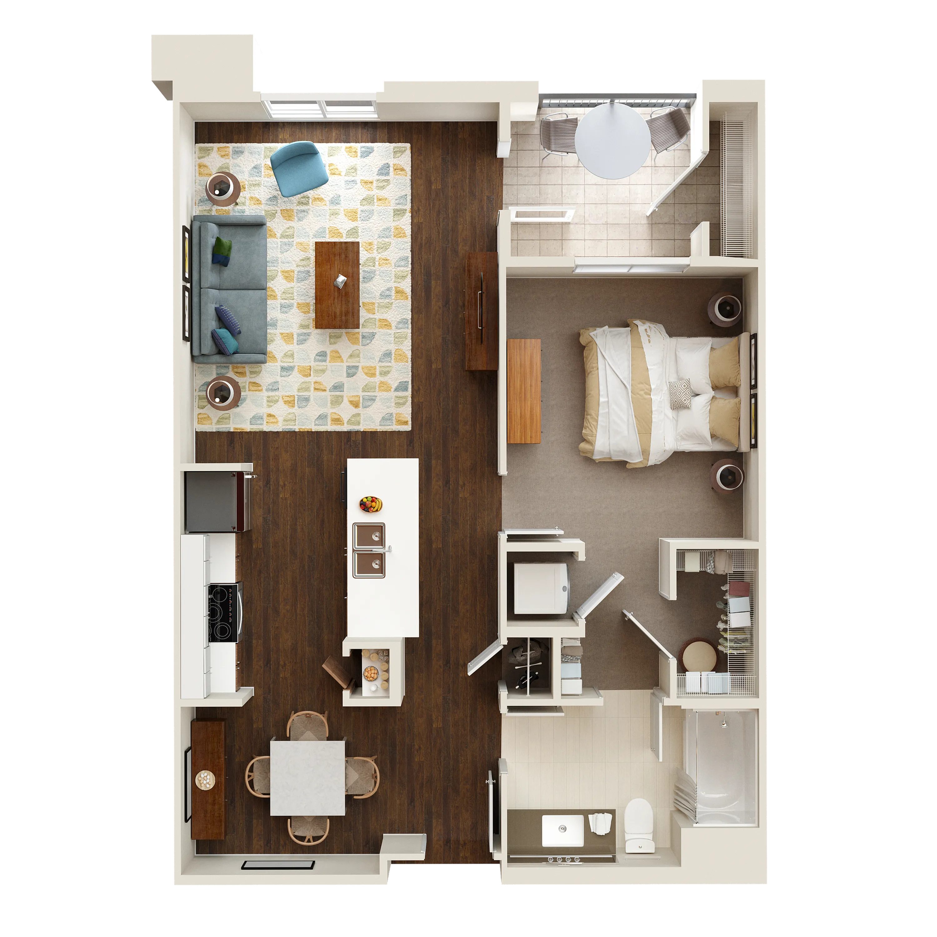 Contemporary open-concept floor plan featuring one bedroom, spacious living area, modern kitchen, and private balcony.