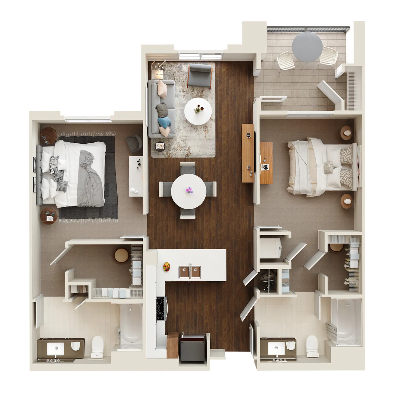 Modern floor plan highlighting an elegant two-bedroom apartment with a spacious open-concept living area, two sleek bathrooms, and a stylish kitchen, perfect for comfortable urban living.