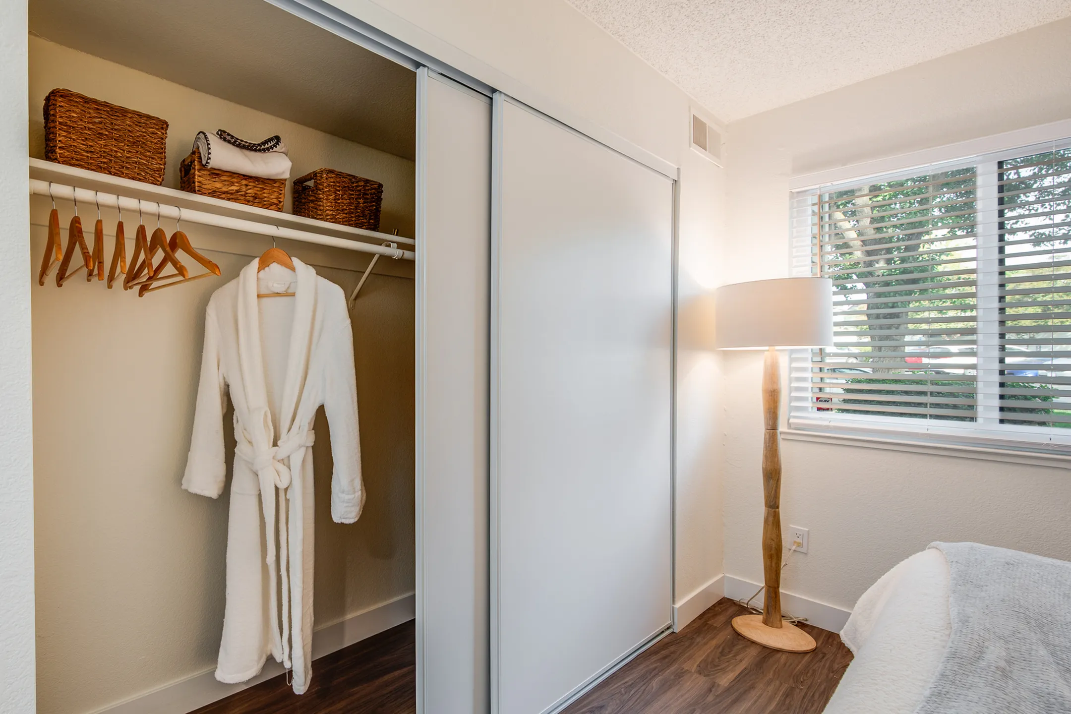 Inviting bedroom closet with plush robe, wicker baskets, and elegant floor lamp enhancing natural light from large window.