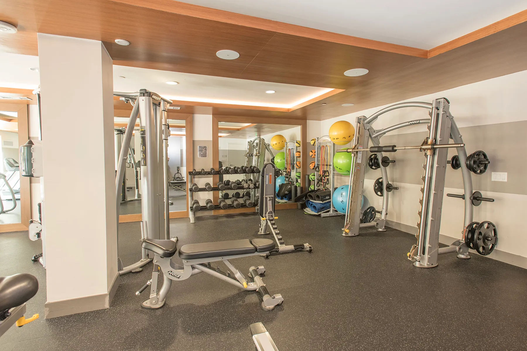 Contemporary fitness center with state-of-the-art equipment, weight racks, and exercise balls in a warm, inviting ambiance.