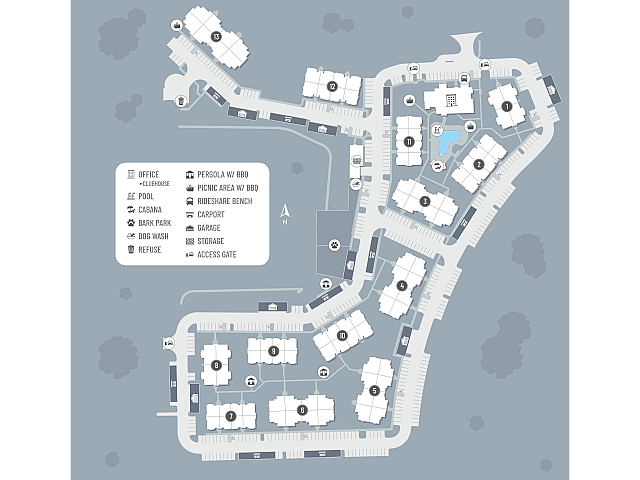 Community site map highlighting amenities such as pool, picnic area, dog park, and clubhouse.
