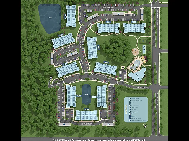 Vibrant 3D apartment complex layout featuring multiple residential buildings, lush green spaces, scenic ponds, a swimming pool, and recreational areas including a playground, dog park, and gym. Ideal for community living with ample parking and modern amenities.