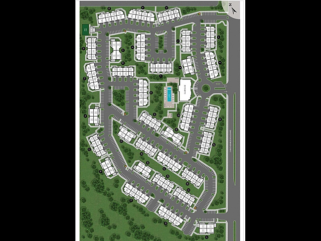 Vibrant apartment community map showcasing lush green spaces, a central pool area, and meticulously designed building layouts.