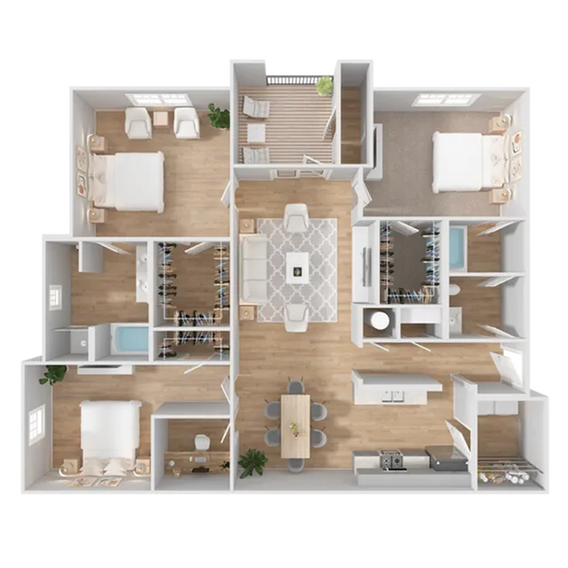 Modern 3D floor plan featuring 3 spacious bedrooms, an inviting open-concept living area, and a stylish kitchen with a dining space, perfect for contemporary living.
