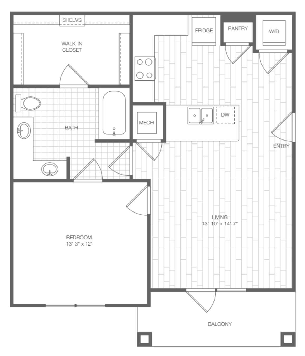 Modern 1-bedroom apartment floor plan features a spacious walk-in closet, sleek kitchen with island, and a private balcony.