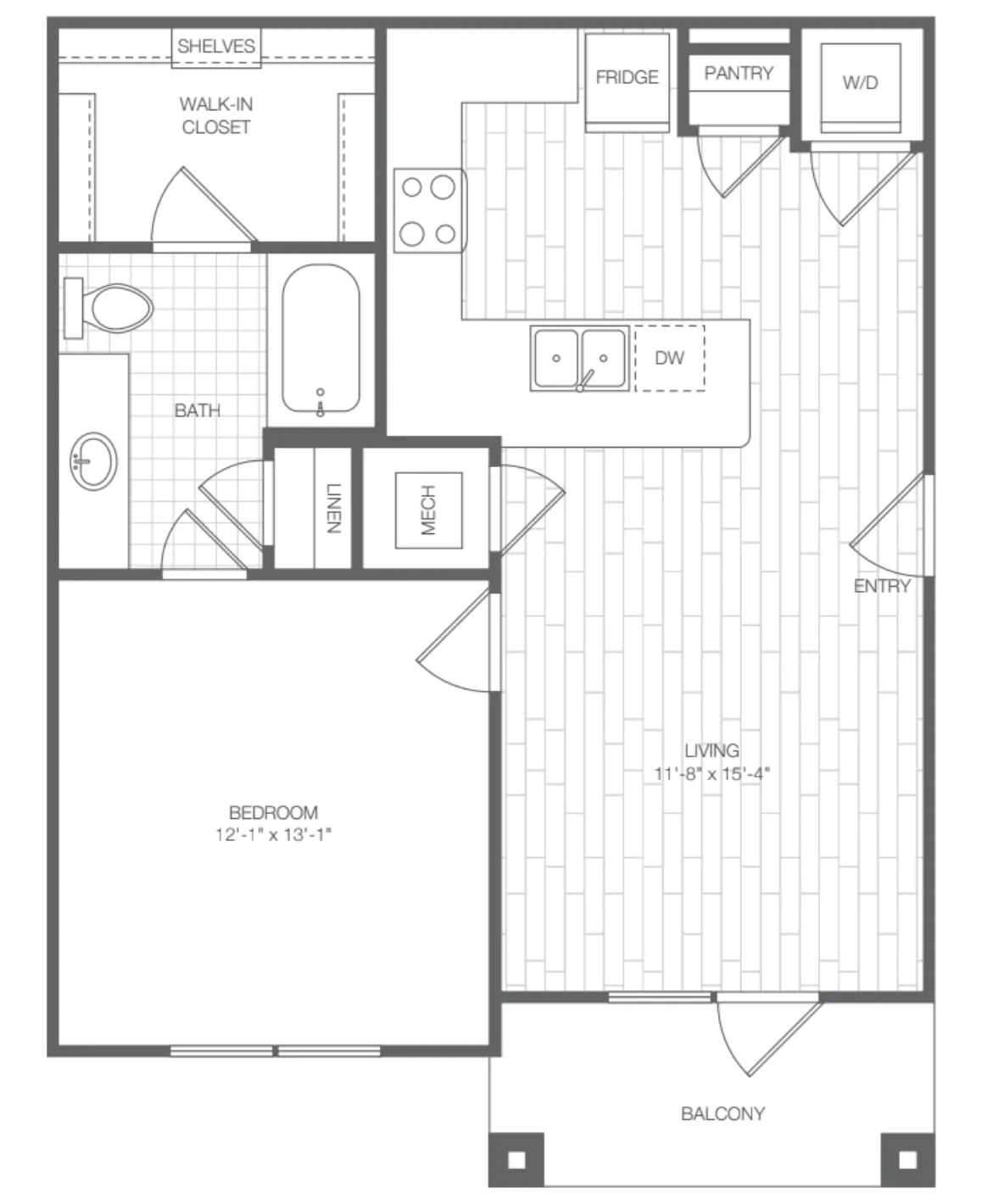Modern floor plan featuring a spacious 1-bedroom, open living area, and sleek kitchen, complete with a balcony and bath.