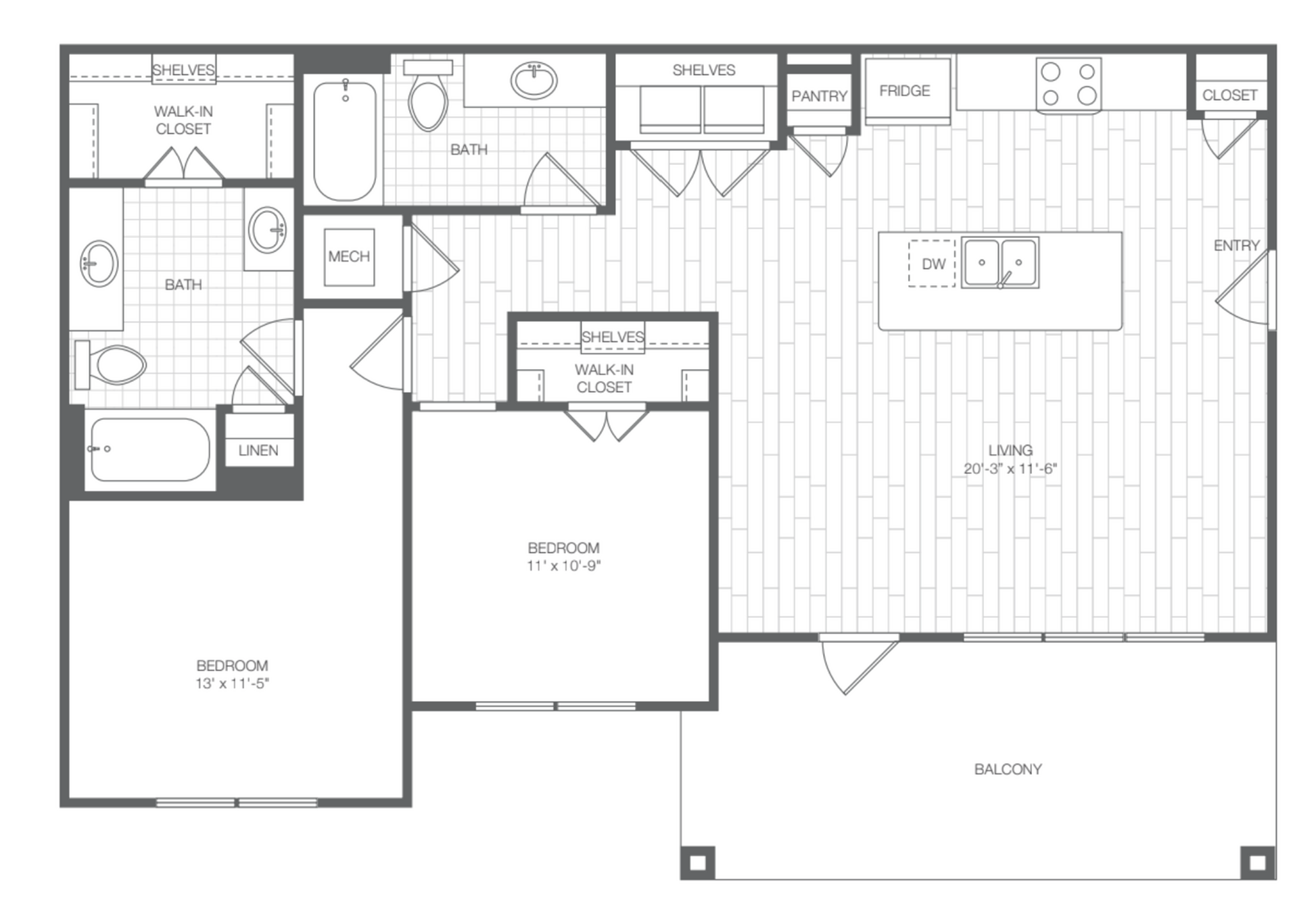 Elegant floor plan showcasing two bedrooms with walk-in closets, spacious living area, modern kitchen with island, two contemporary bathrooms, and large balcony.