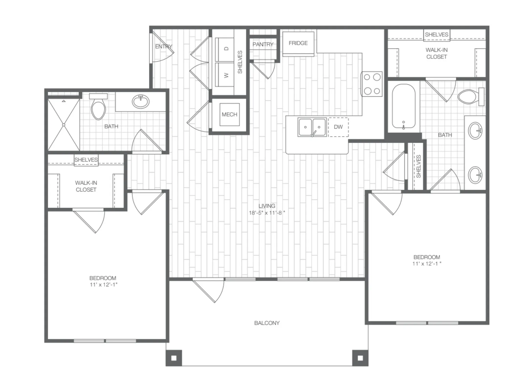 Modern apartment floor plan featuring 2 spacious bedrooms, open-concept living area, and a large balcony.