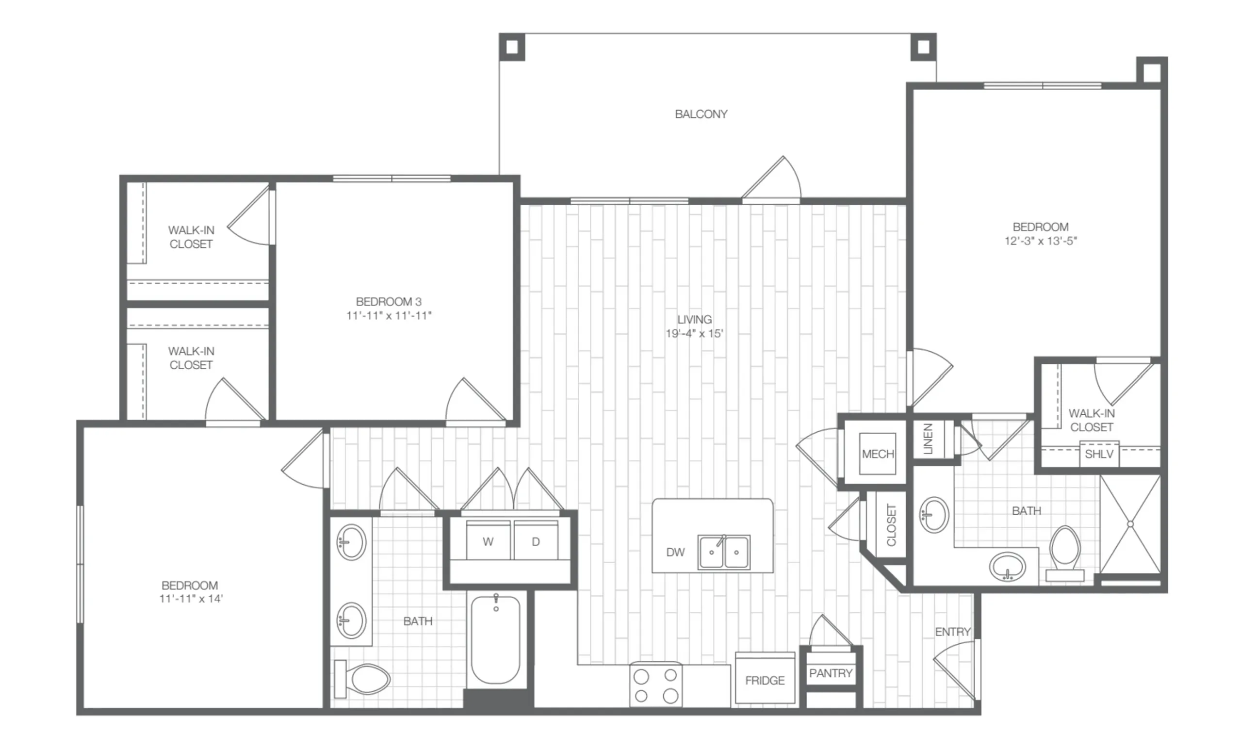 Modern 3-bedroom floor plan showcasing spacious living area, two baths, walk-in closets, and a private balcony.
