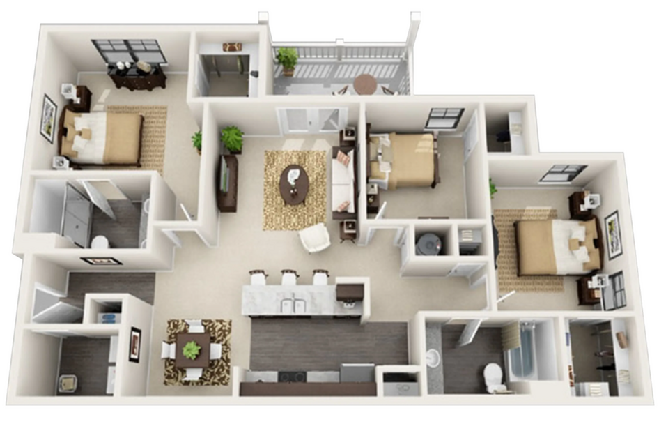 Inviting apartment floor plan showcasing 3 bedrooms, a modern kitchen with island, elegant living area, and private balcony.