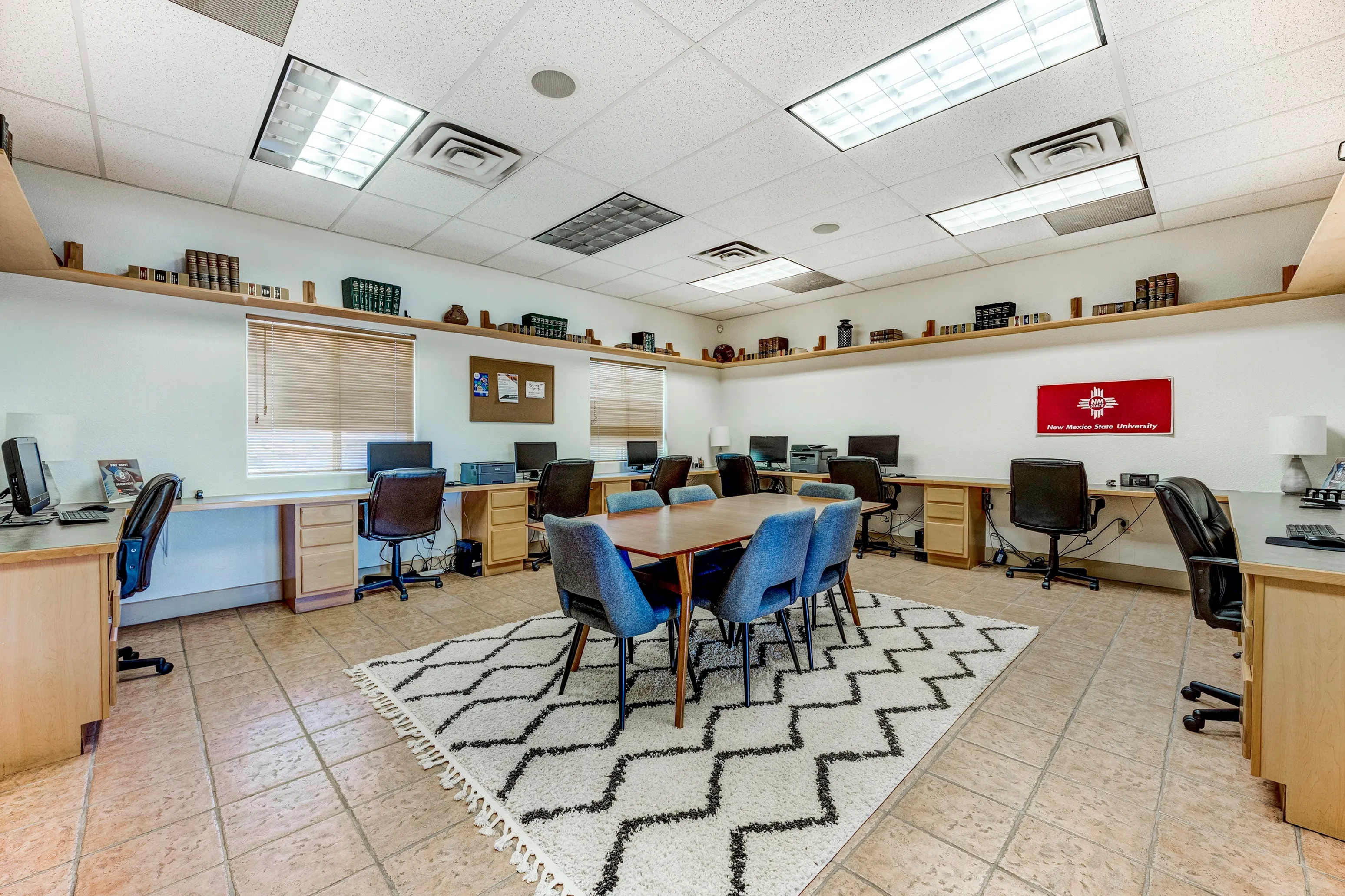 Bright and inviting study area featuring modern desks, comfortable chairs, and stylish decor, perfect for focused work and collaboration.