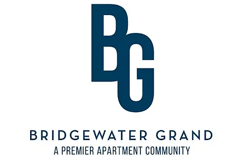 Elegant logo for Bridgewater Grand, showcasing a premier apartment community in bold navy font.