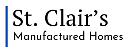 Elegant logo for St. Clair's Manufactured Homes, featuring sleek typography and a vertical blue line.