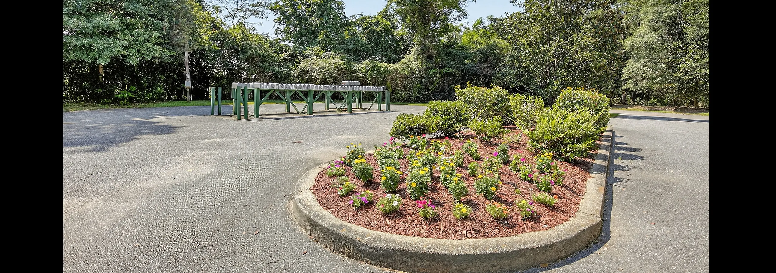 Charming landscaped garden area with vibrant flowers beside a serene driveway, surrounded by lush greenery and trees.
