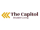 The Capitol Student Living logo, featuring maroon text with gold accent arrows, symbolizing modern and stylish accommodation.