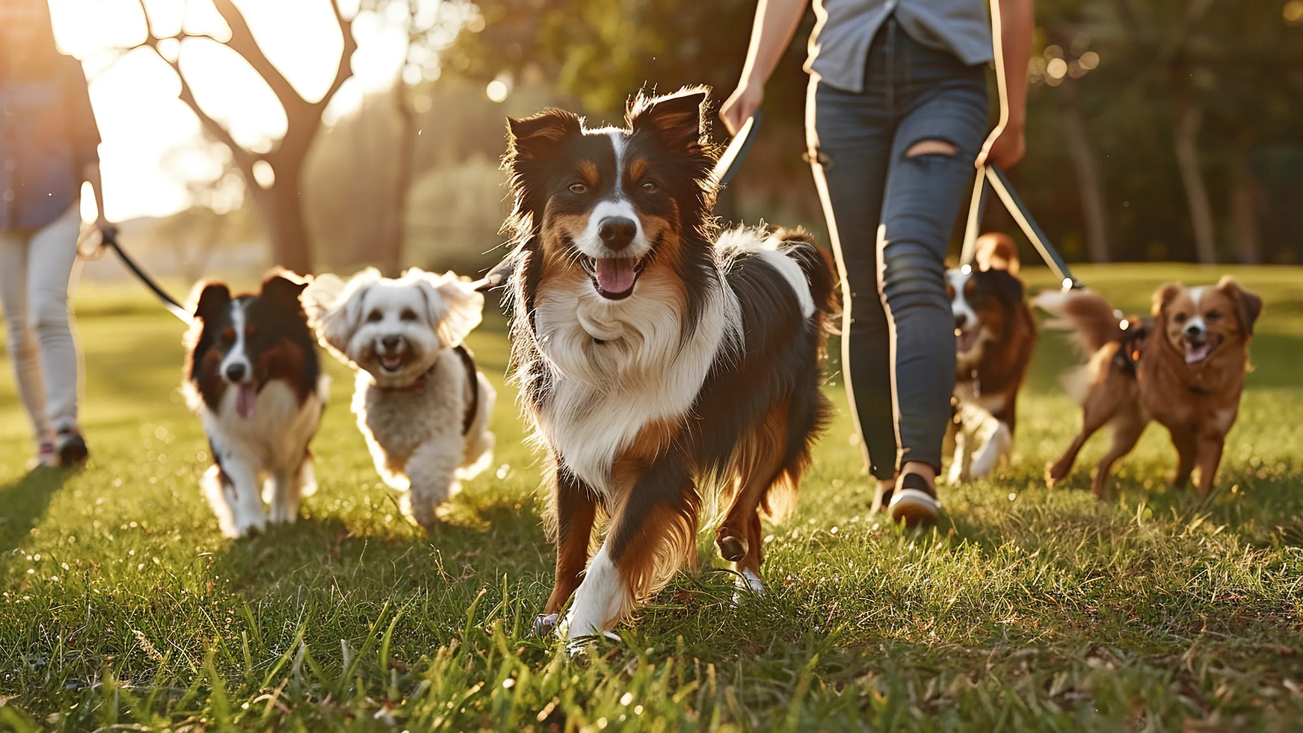 picture of dogs on leashes