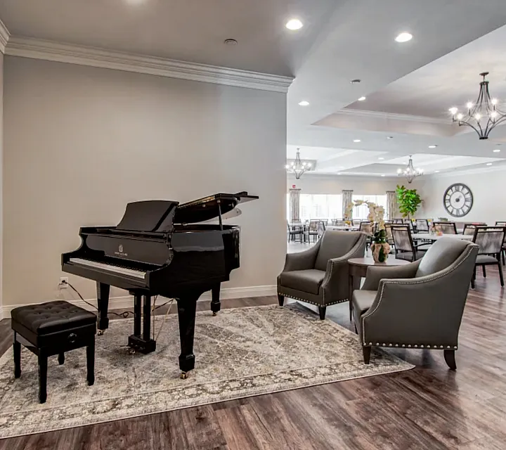 Piano and seating area