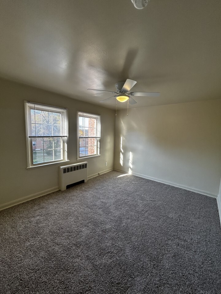 Bright, spacious bedroom with plush carpeting, large windows, and a ceiling fan.