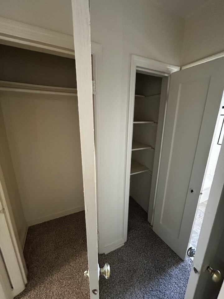 Organized closet space with two doors showcasing ample storage and modern shelving in a cozy, carpeted room.
