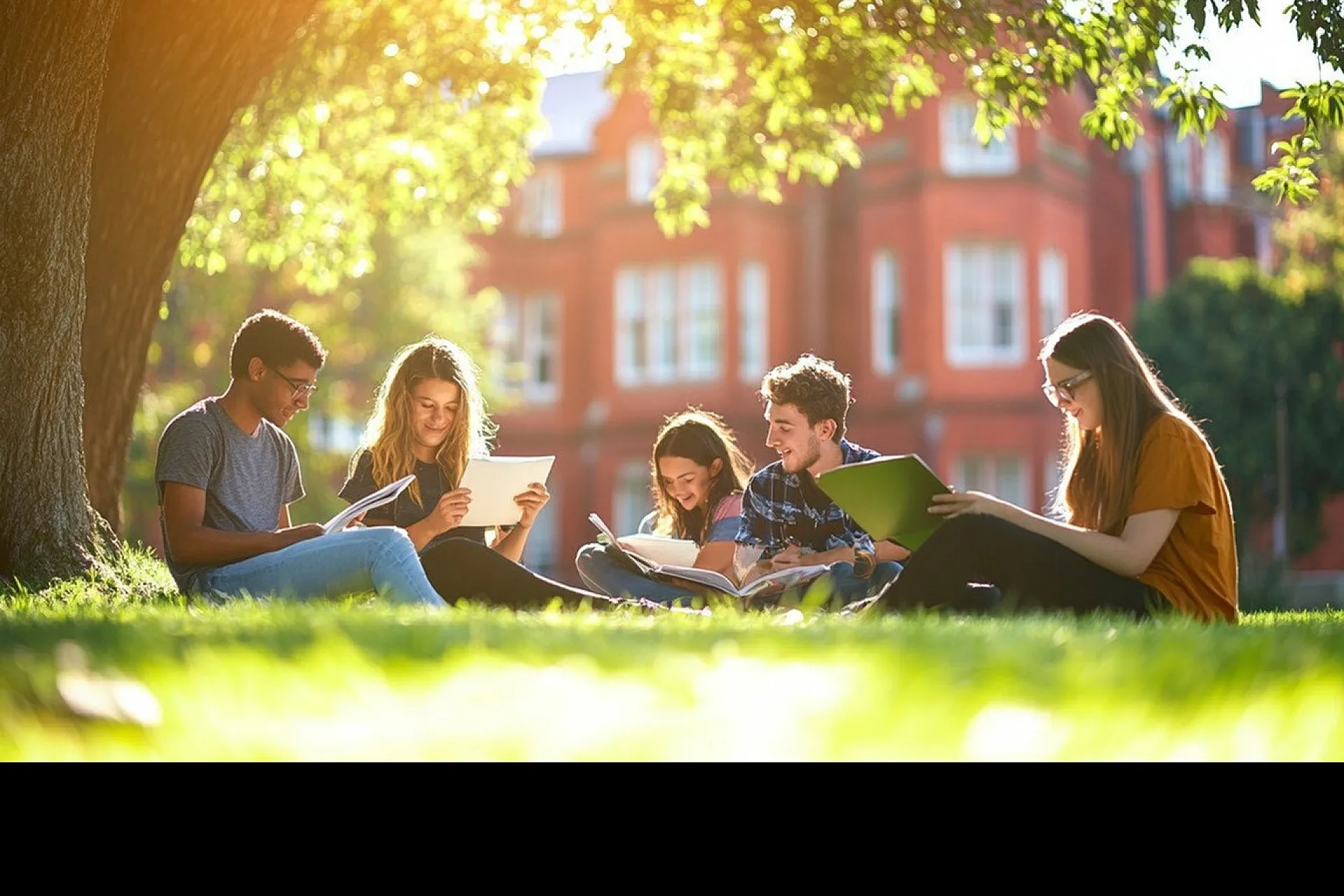 Vibrant group of students enjoying a sunny study session outdoors on lush green grass with a picturesque red-brick university building in the background.