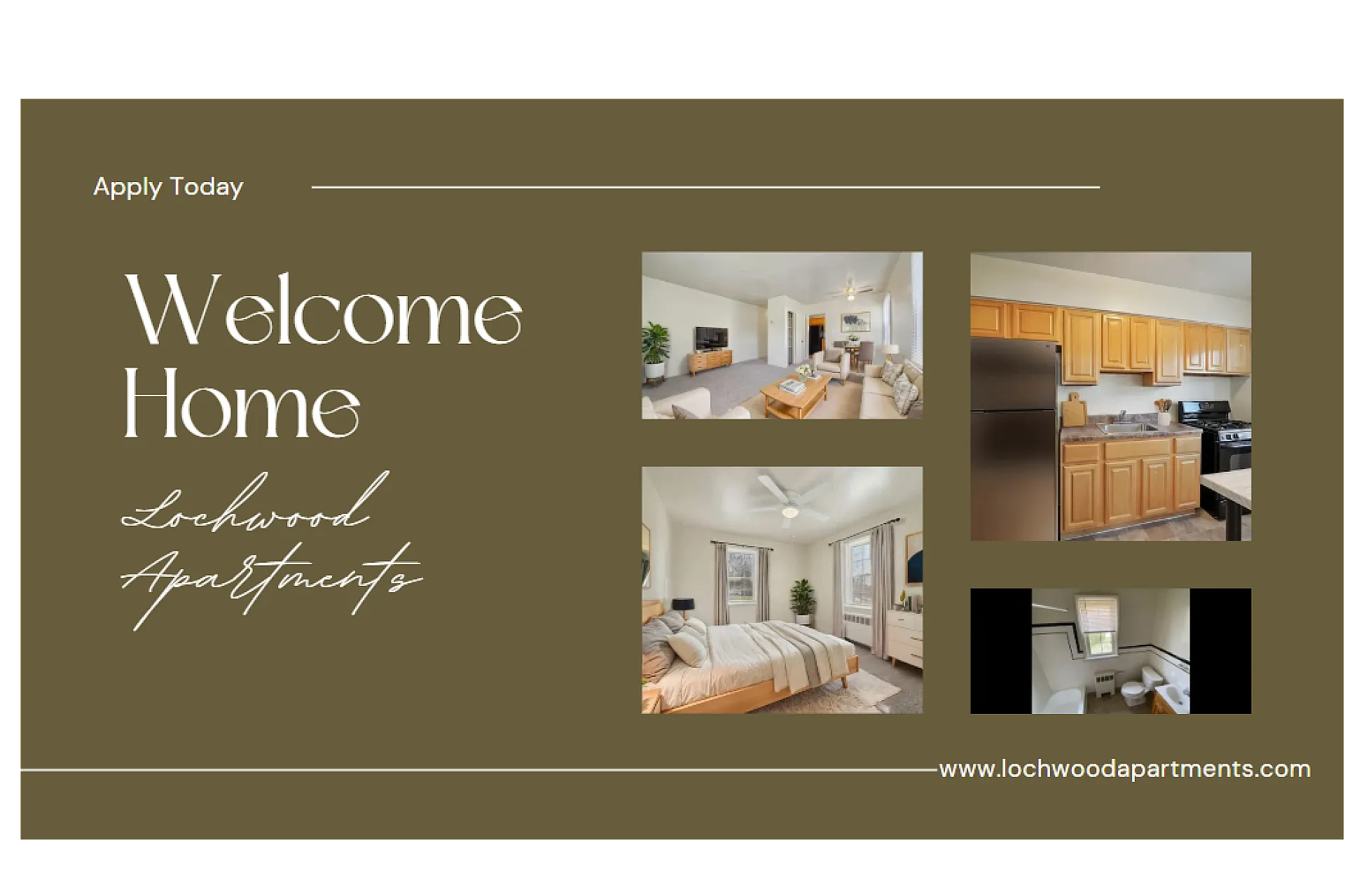 Discover Lochwood Apartments: a welcoming space featuring a cozy living room, modern kitchen, serene bedroom, and elegant bathroom. Apply today!