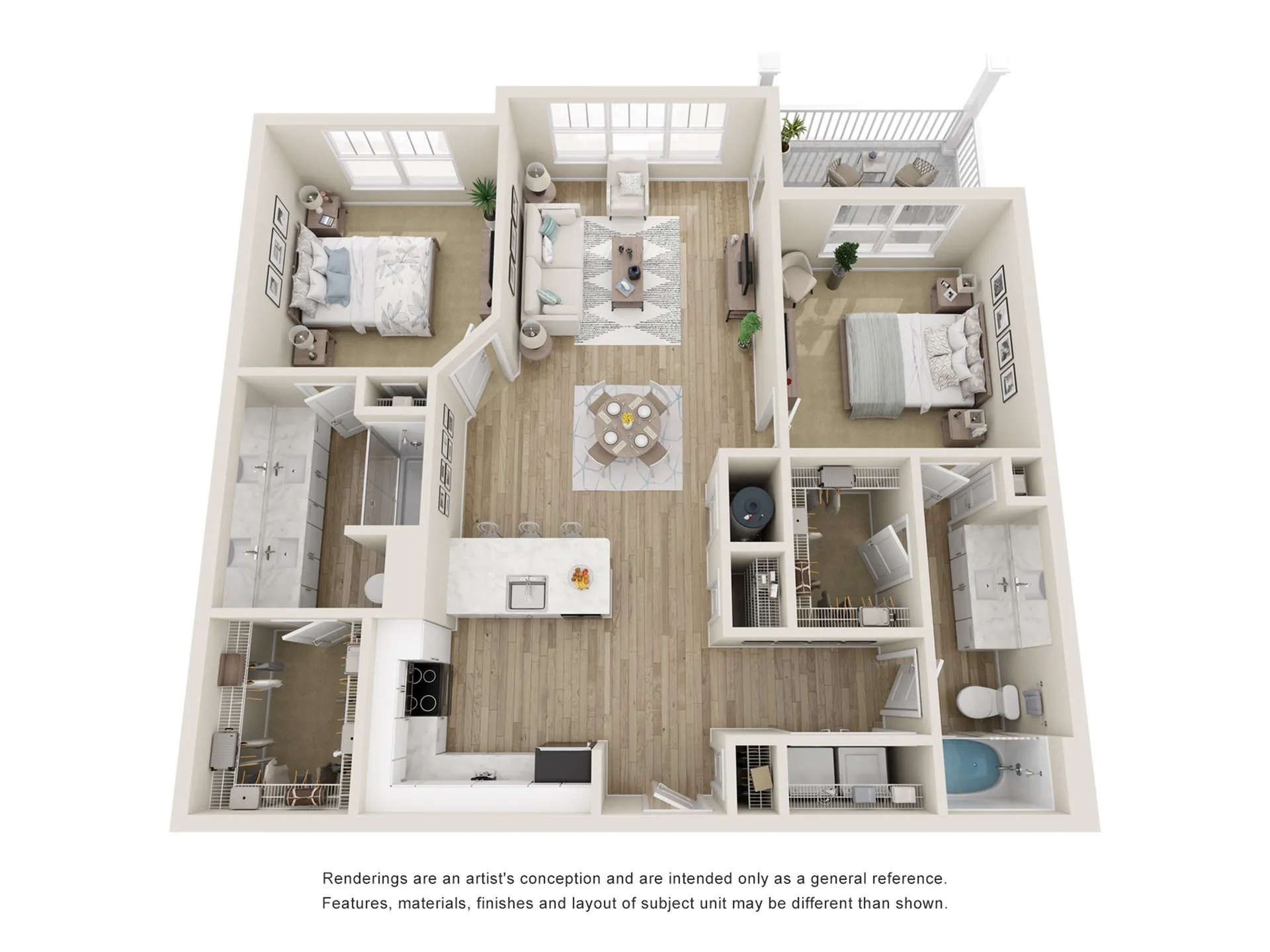 The Willow Two Bedroom Two Bath 3D Floor Plan