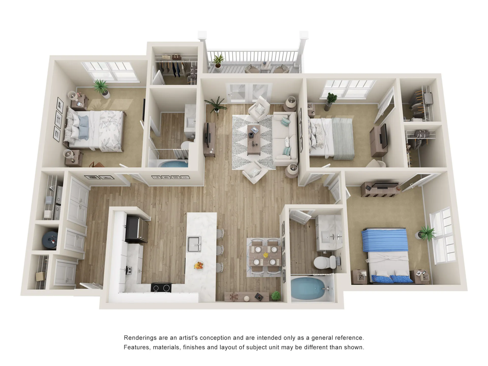 The Hawthorn Three Bedroom Two Bath 3D Floor Plan