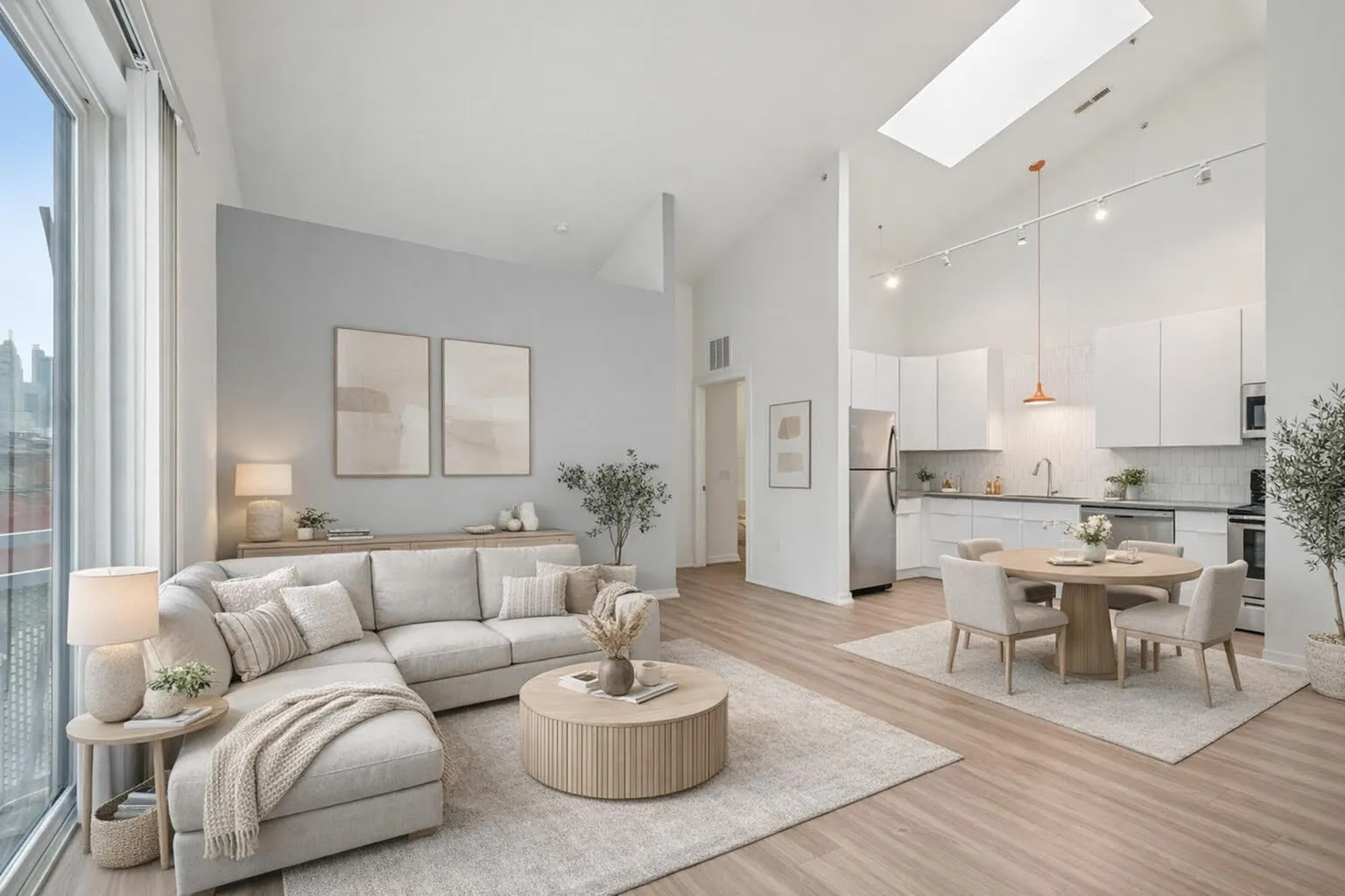 Bright and airy open-concept living space featuring sleek modern kitchen, elegant dining area, and cozy living room with large windows and stylish decor.