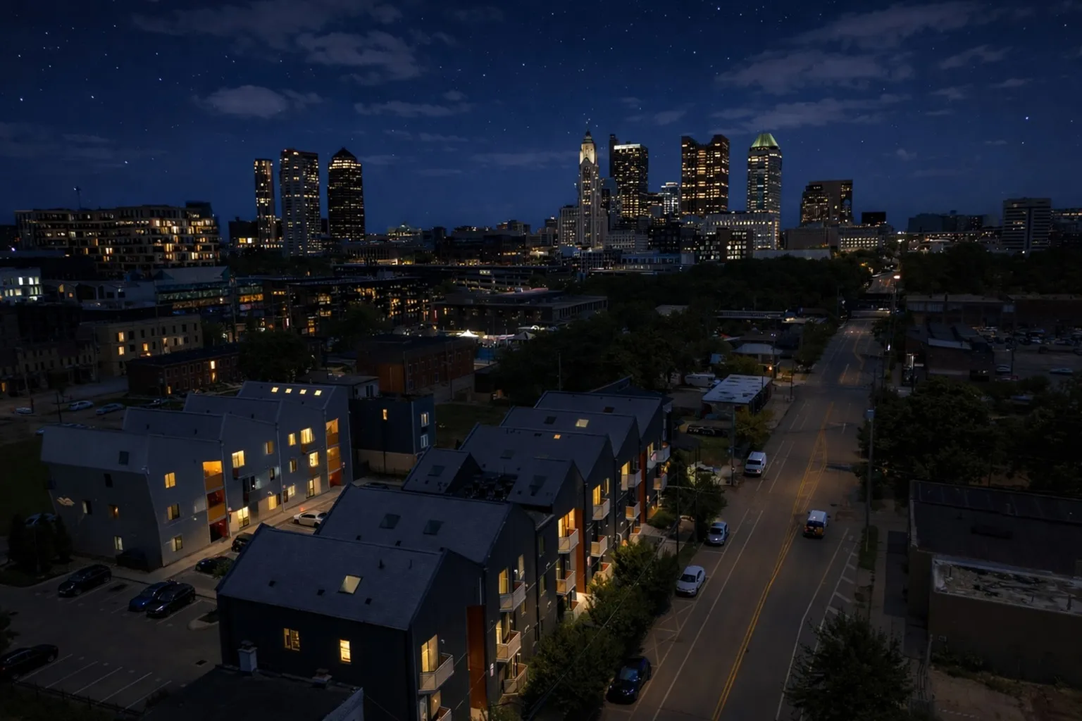Charming cityscape view featuring modern townhouses with warm lighting, set against a stunning illuminated skyline under a starry night sky.