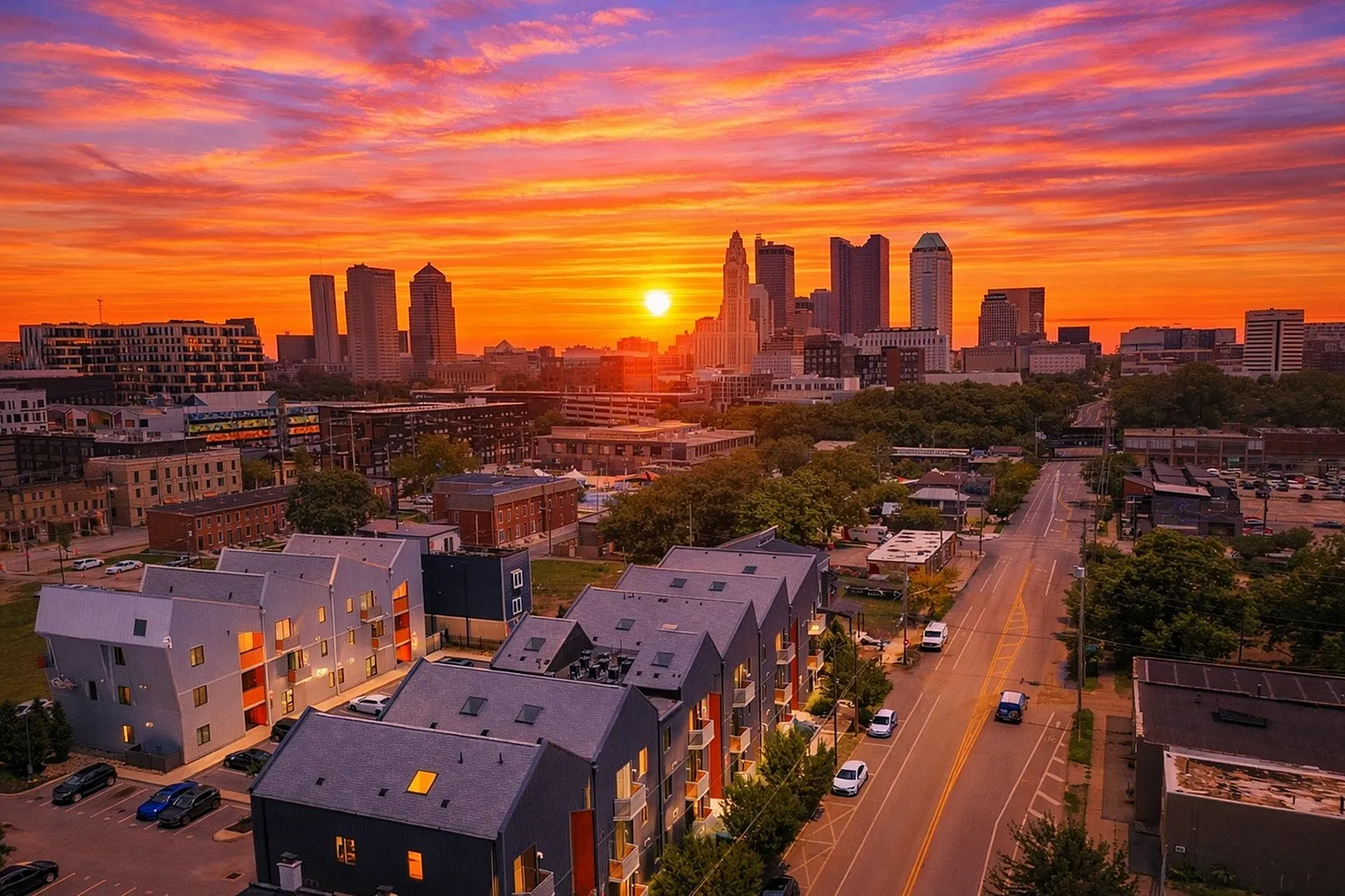 Breathtaking cityscape view with modern apartments under a vibrant sunset sky.