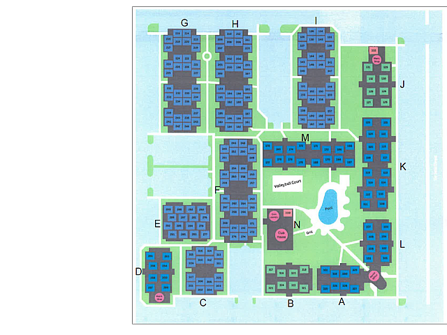 Gardenview Villas layout showcasing a vibrant community with specialty 1 bed apartments. Features include a central pool, volleyball court, clubhouse, and ample greenery. Located in Gainesville, FL, offers various unit sizes for comfort and convenience.