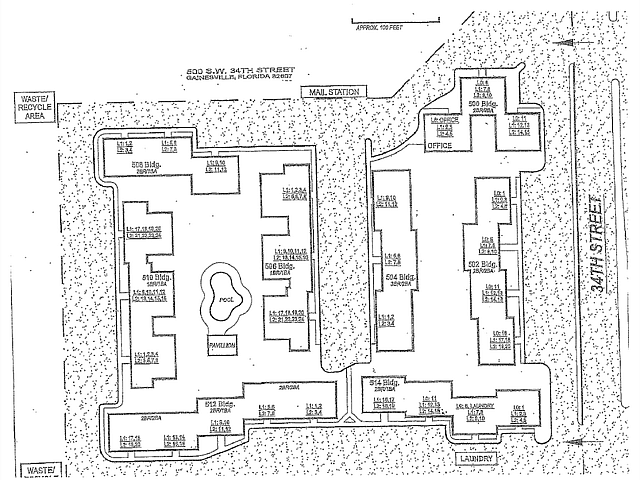 Comprehensive site map of an apartment complex at 500 S.W. 34th Street, Gainesville, Florida, showcasing multiple residential buildings, convenient amenities, and a central pool area surrounded by lush landscaping.