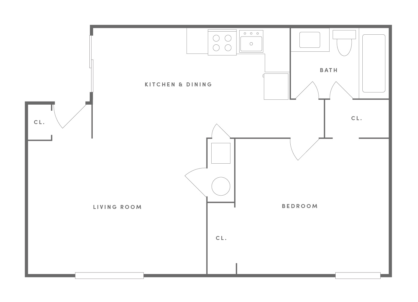 1 Bedroom Floor Plan Recently Updated Interiors, Including Neutral Paint Scheme, Premium Hardwood-style flooring, Gray Carpet, Upgraded Shaker Cabinets, Upgraded Appliance Package, Upgraded Granite-style Countertops, Walk-in Closet, Carpeted Bedrooms, Window Coverings, Air Conditioning, Heating, Cable-ready, Washer / Dryer Available