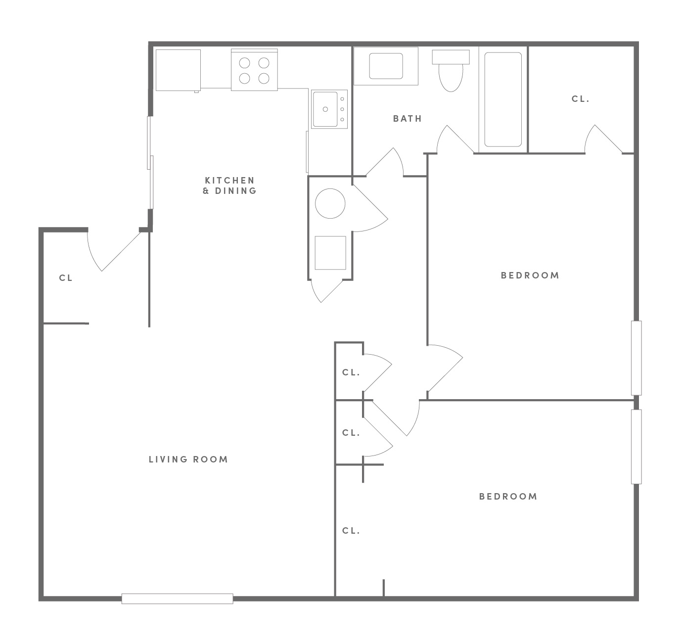 2 Bedroom Floor Plan  |  Neutral Paint Scheme, Hardwood-style Flooring, Gray Carpet, Refinished Cabinets, Spacious & Open Floor Plan, Walk-in Closet, Carpeted Bedrooms Window Coverings, Air Conditioning, Heating, Cable-ready, Washer / Dryer Available