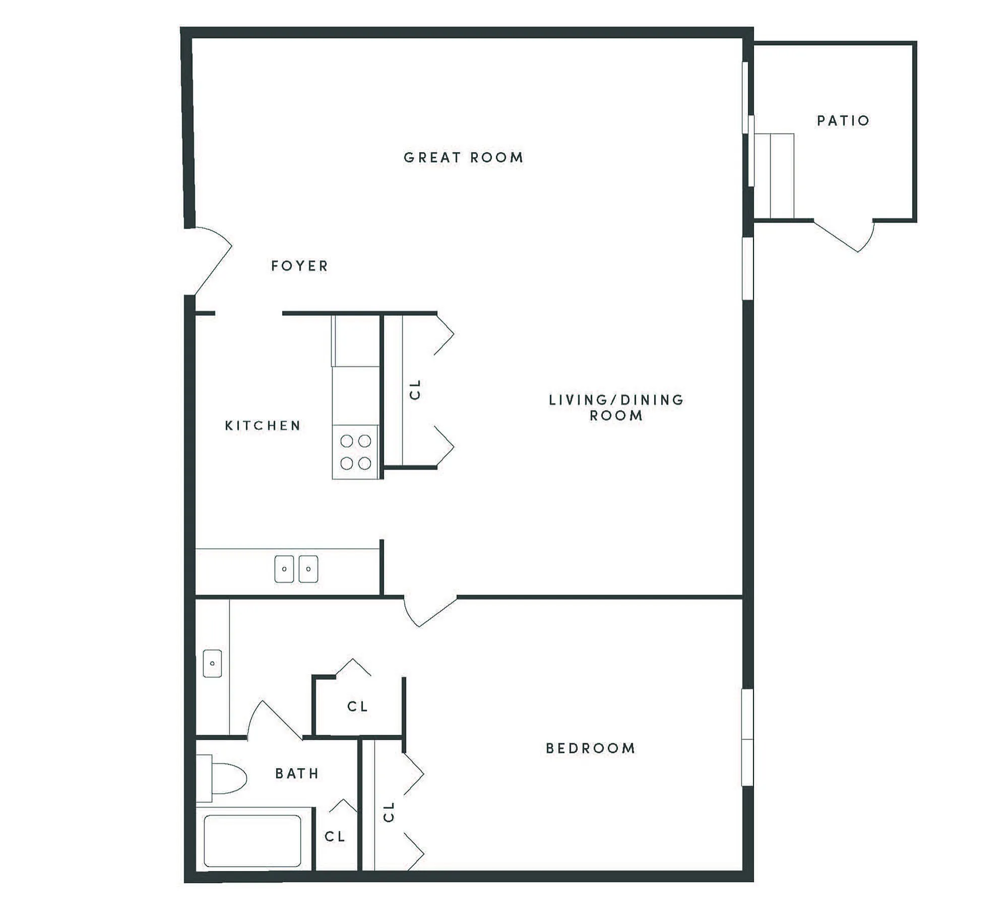 Modern floor plan featuring one bedroom, a spacious great room, functional kitchen, and a cozy patio.
