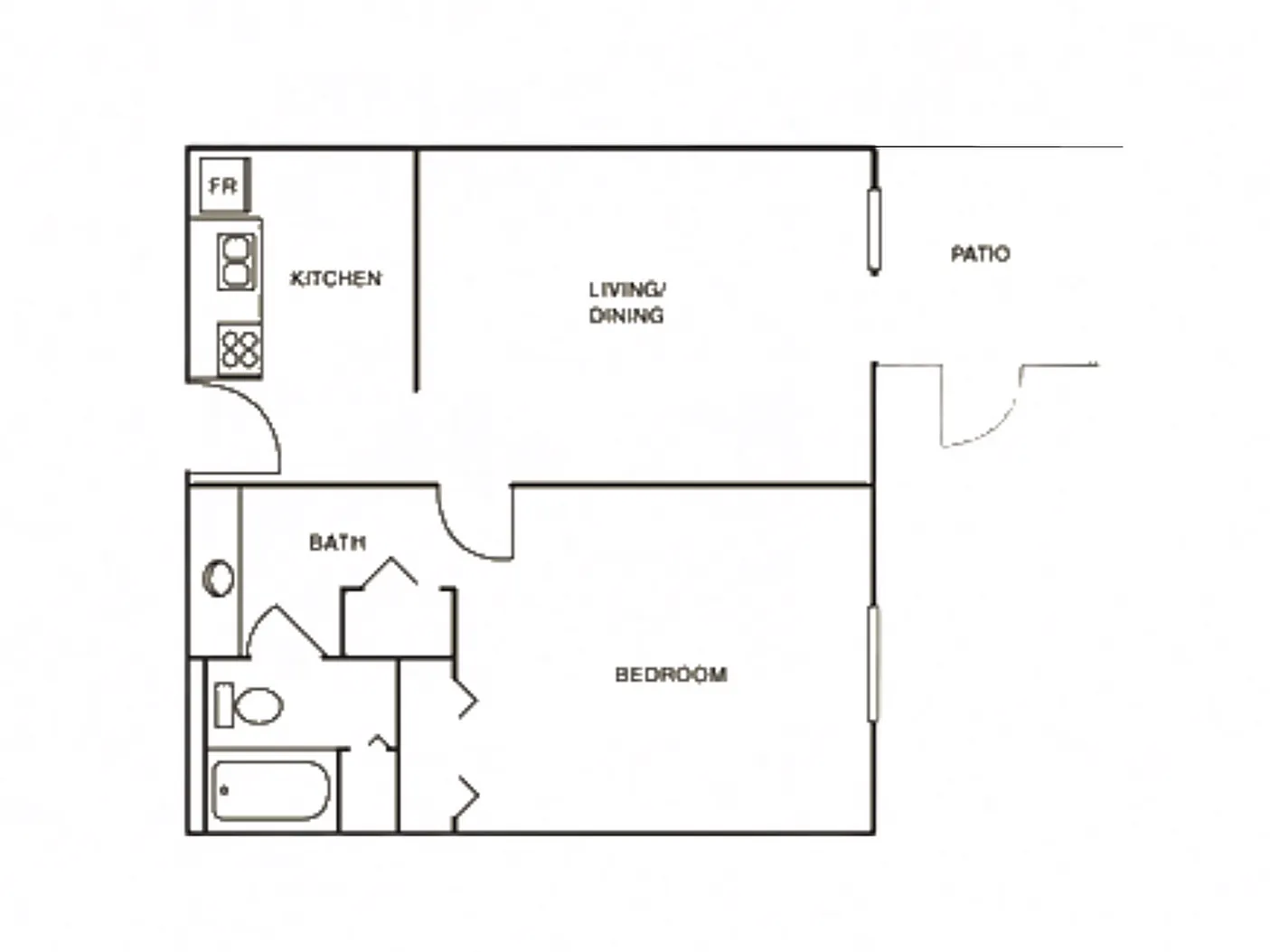 Modern 2D floor plan featuring a cozy 1-bedroom layout, spacious living/dining area, and a charming patio, perfect for urban living.