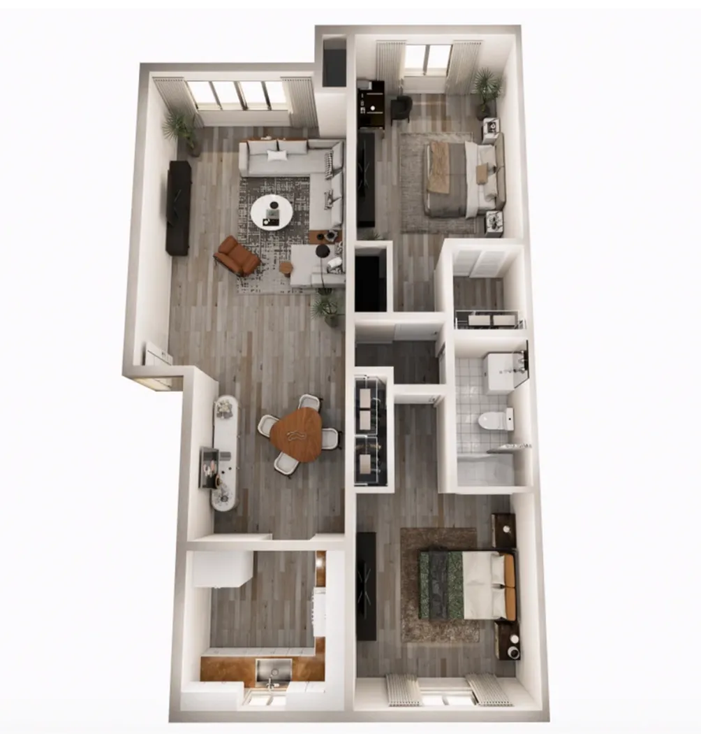 Modern 3D floor plan showcasing two bedrooms, elegant open-concept living space, and a sleek kitchen design.
