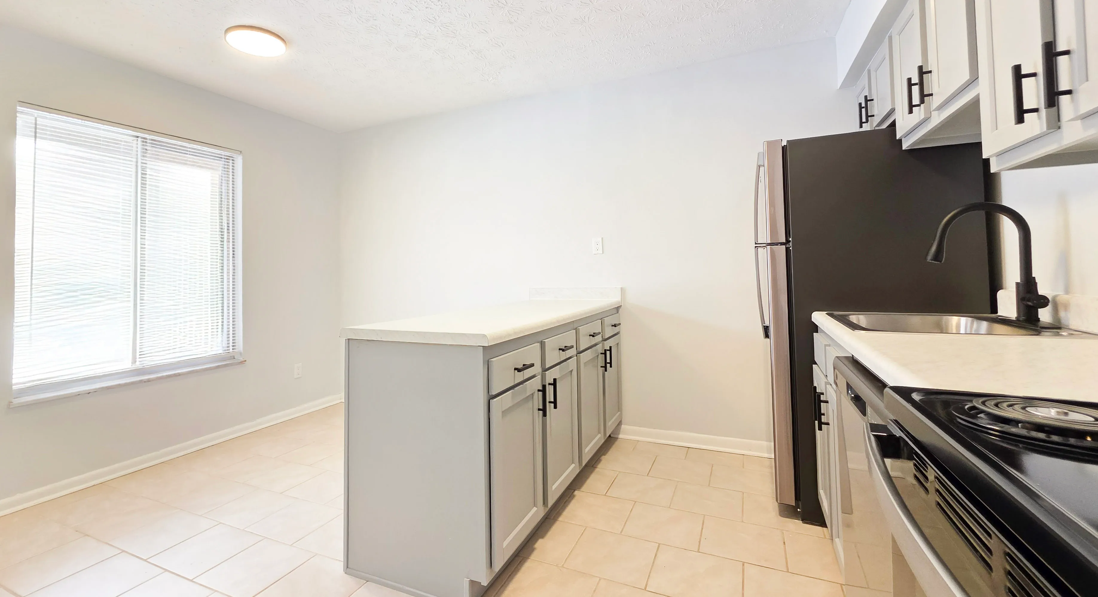 Bright and modern kitchen design with sleek gray cabinets, stainless steel appliances, and expansive window for natural light.