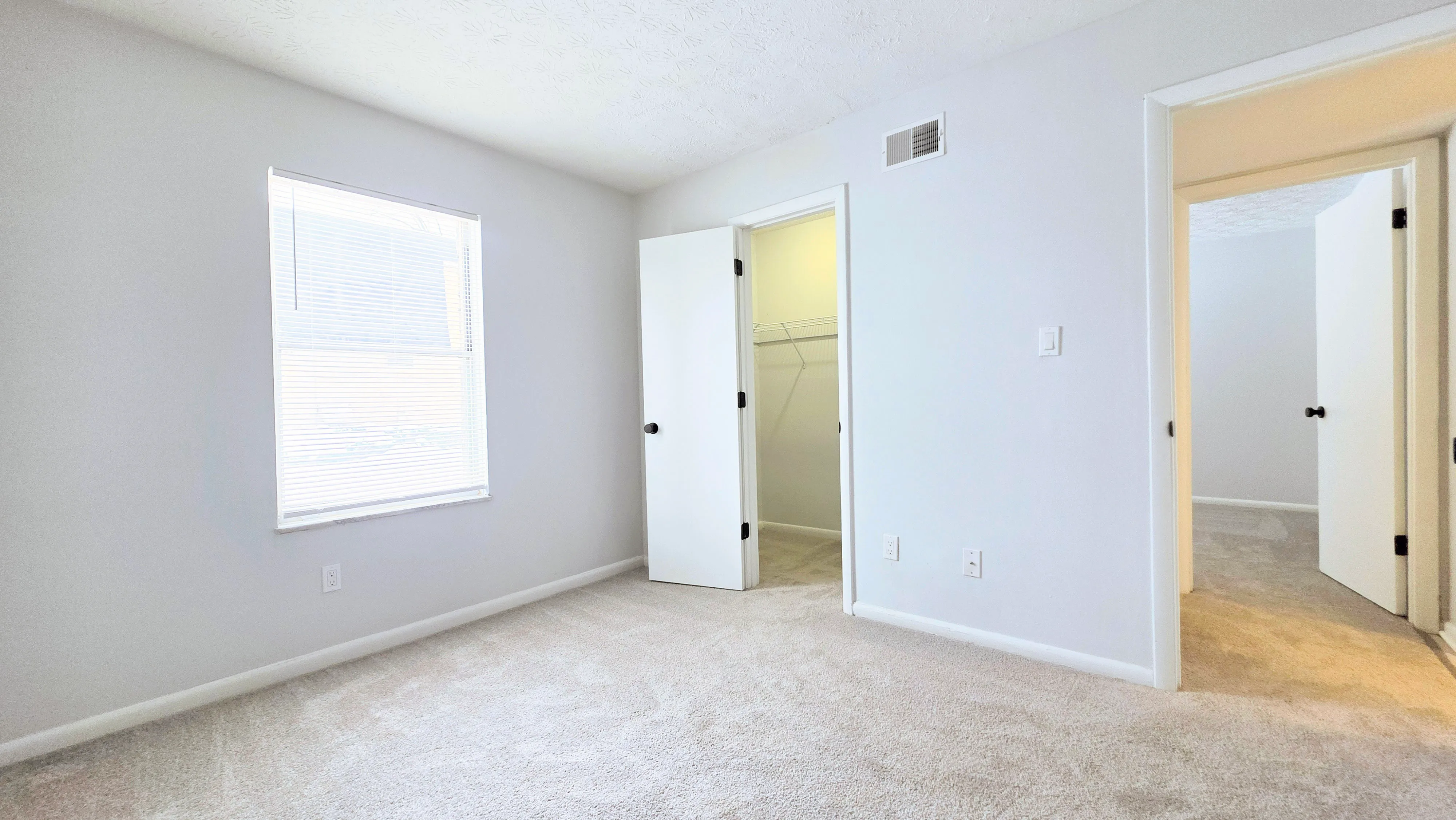 Bright and airy bedroom with soft carpet flooring, a large window for ample natural light, and a walk-in closet, perfect for modern living.