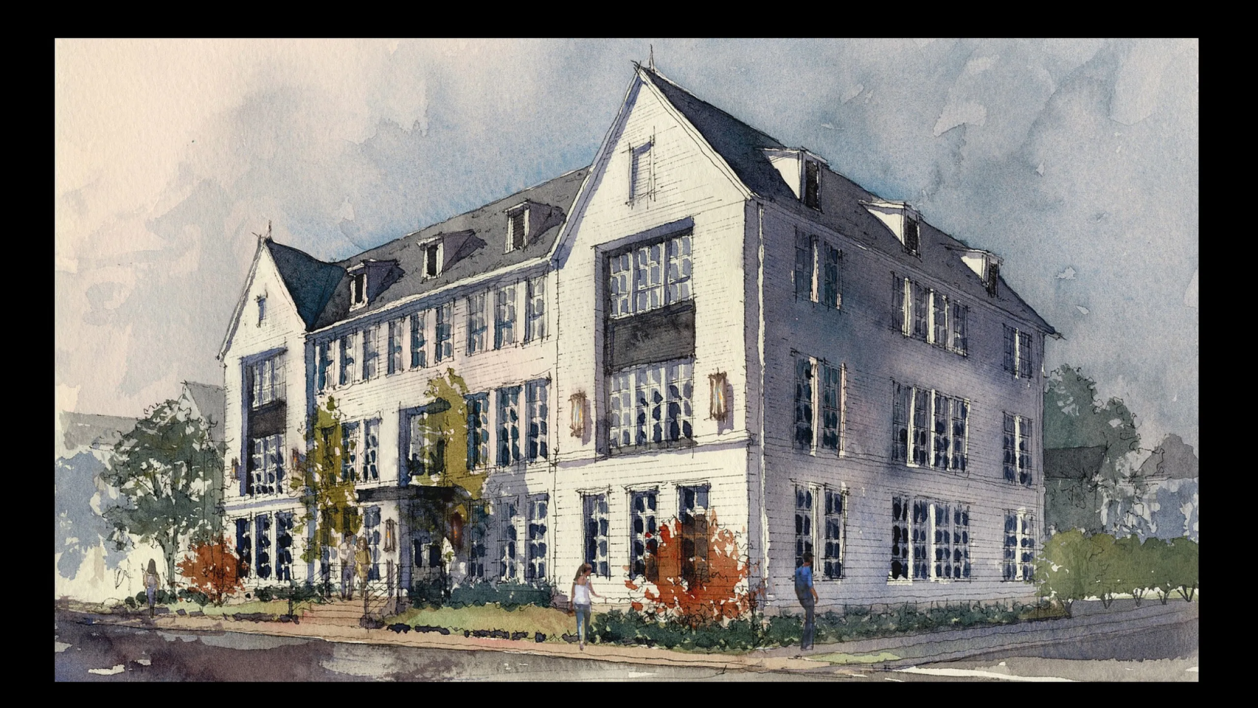 Elegant architectural illustration of a modern, three-story apartment building with large windows and lush greenery, creating a welcoming urban vibe.